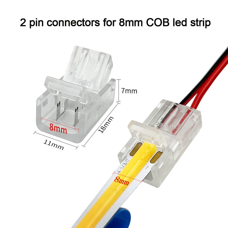 HAMRVL 12 Pack 8mm Cob Led Strip Light Connectors 2 Pin, Led Strip to Wire Solderless Transparent Track Lighting Adapter Connection with 6M/19.68ft Led Wire Extension Cable for White Led Tape 12/24V 2 Pin, 8mm