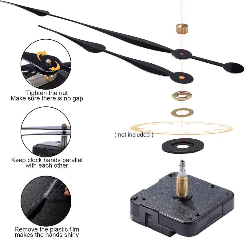 EMOON High Torque Long Shaft Clock Mechanism Kit Replacement Movement with 2 Pairs of 12 Inch Long Spade Hands,Black (Total Shaft Length 1 1/16 in) Total Shaft Length 1 1/16 in Black