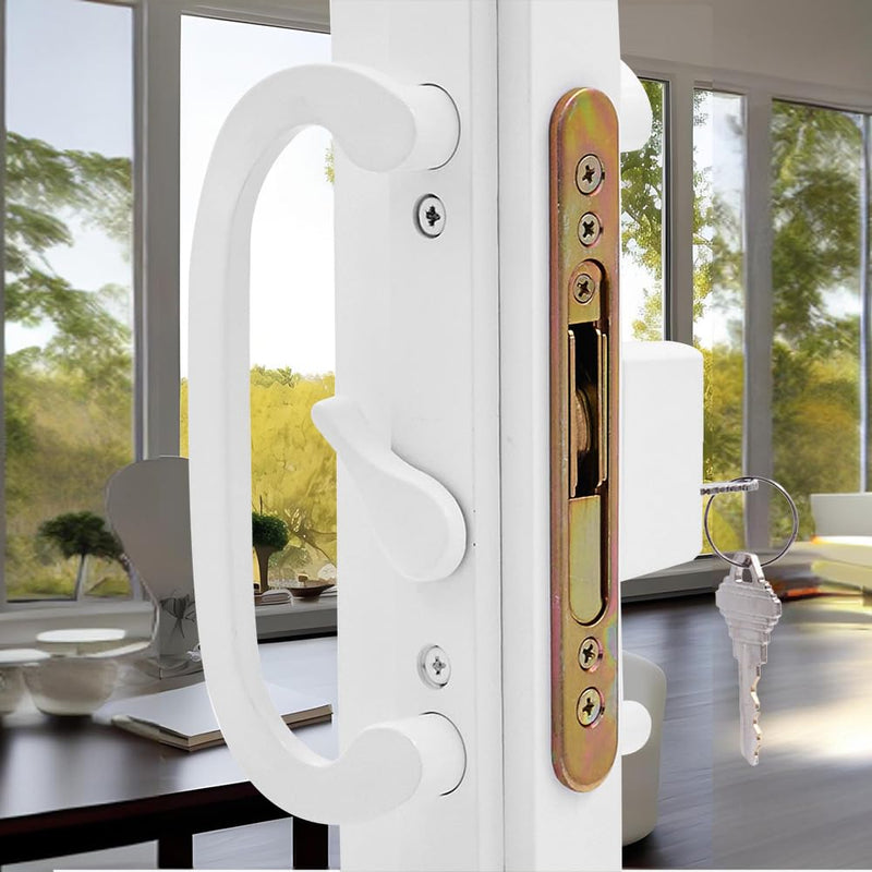 Sliding Glass Patio Door Handle Set with Mortise Lock and Key Cylinder, Offset Thumbturn Fits Door Thickness from 1-1/2" to 1-3/4", 3-15/16” Screw Hole Spacing, Non-Handed (DCSM-2320) DCSM-2320