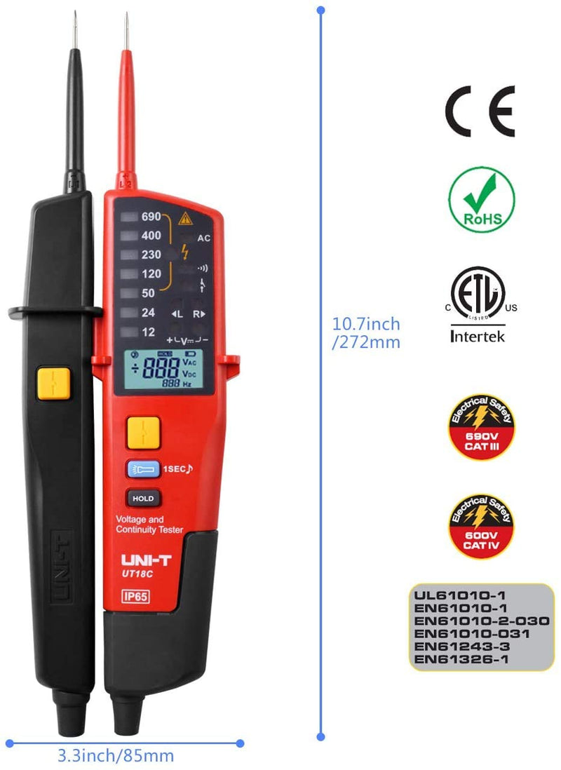 Voltage Tester Professional UT18C Voltage and Continuity Tester Multifunction Waterproof Digital Electrical Circuit Tester Voltage Meter Voltmeter 12V~690V AC/DC Automatic Range LCD Display