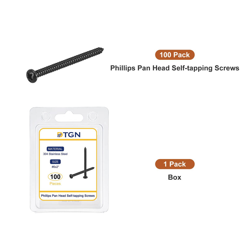 #6x2" Phillips Pan Head Self-Tapping Screw - 100Pack - Black Oxide 304 Stainless Steel Sheet Metal Screws Wood Screws #6x2" - NewNest Australia