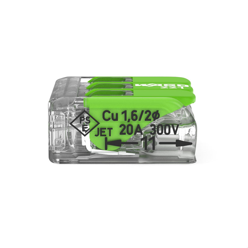221-423 | WAGO Splicing Connector Green Range | for Solid, Stranded and fine-Stranded Conductors | 3-Conductor with levers | 24 – 12 AWG | Transparent housing | [50 Pieces]