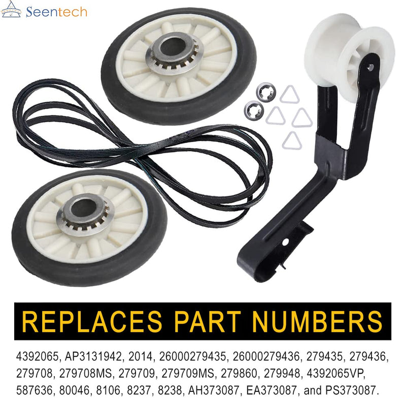 4392065 Dryer Repair Kit with 349241T Drum Roller Kit, 691366 Idler Pulley 341241 Belt by Seentech - Exact fit for Whirlpool & Kenmore Dryers - Replaces AP3131942 AP3098345 AP6010582 WP691366