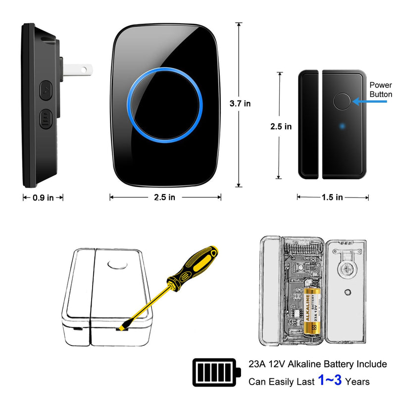 Door Chime When Door Opens, FullHouse Door Sensor Wireless Entry Alarm with 1000ft Range, 60 Chimes and 5 Volume Levels for Business/Store/Home/Office 1 Sensor + 1 Receiver Black