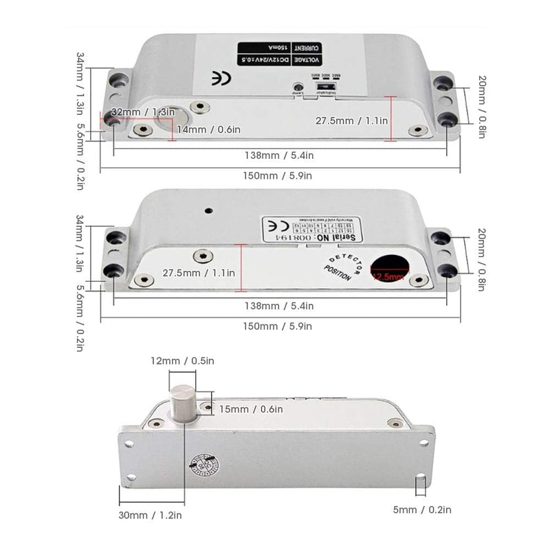 DC12V Electric Drop Bolt Lock, Electric Mortise Lock DC12V/24V Electric Bolt Lock Low Temperature 0/3/6s Delay Electronic Mortise Lock for Access Control System 4 Wires