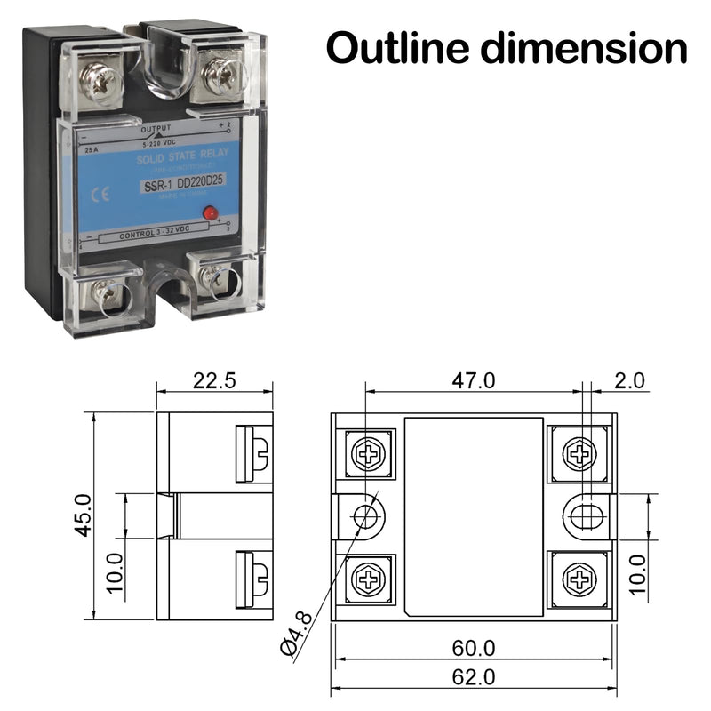 SSR-25DD Solid State Relays (Pack of 2) - DC 3–32V Input, DC 5–200V Output, 25A Single Phase for Industrial Automation & Temperature Control
