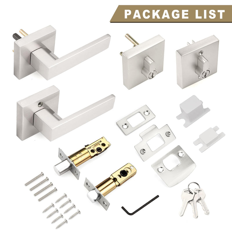 1 Pack Exterior Door Lockset with Deadbolt, Satin Nickel Passage Lever and Keyed Alike Double Cylinder Deadbolt, Reversible Square DoorHandleset for Bedroom, Front Door 1