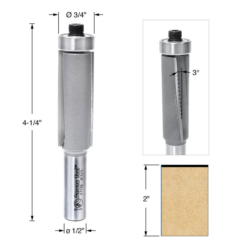 Amana Tool - 47138 Carbide Tipped Down-Shear Supertrim Flush 3/4 Dia x 2" x 1/2 Shank 3/4 Dia x 2" x 1/2 SHK (47138)