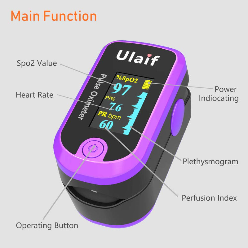 Pulse Oximeter, OLED Display Oxygen Monitor Fingertip, Blood Oxygen Saturation Monitor (SpO2) with Carrying Case, Batteries and Lanyard Purple