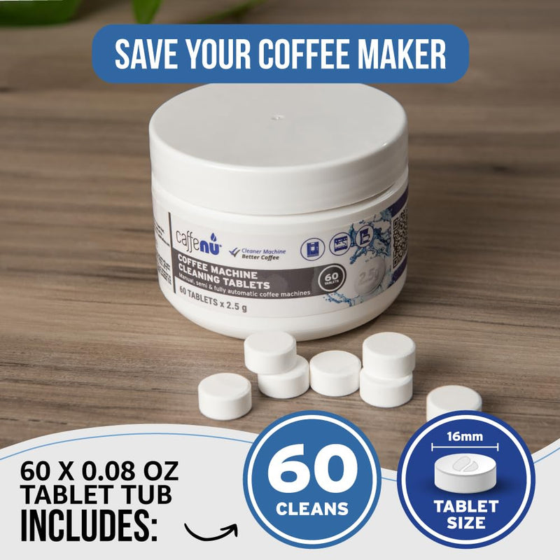 Caffenu Espresso Coffee Machine Cleaning Tablets 60 count use every 100 cups. Auto, Superautomatic & Bean to Cup. Use with Descaling