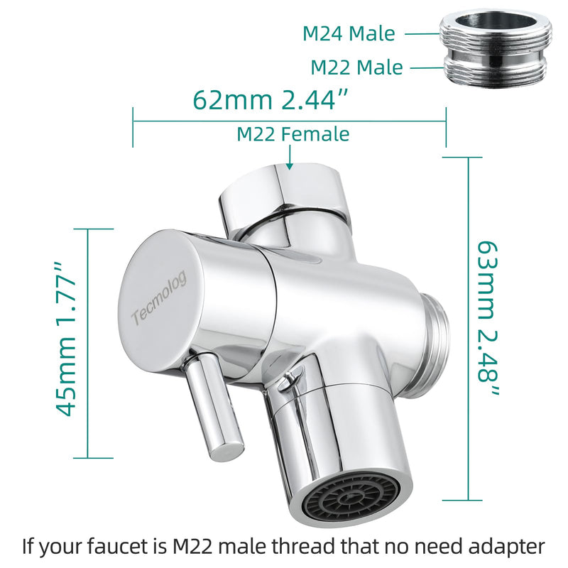 Tecmolog Sink Valve Diverter Faucet Splitter Brass Adapter 3 Way Faucet Diverter Valve, Sink Tap Replacement Part M22 X M24, Chrome, SBA021C