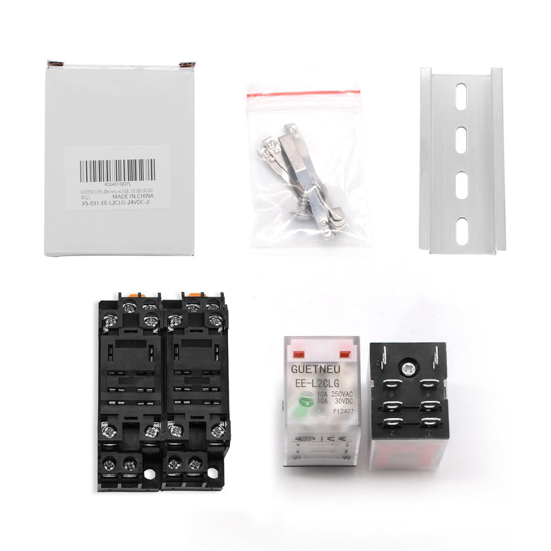2 Pcs Electromagnetic Power Relays, Green Indicator Light, 8-Pin DPDT 10 A 24 VDC Relay with Plug-in Terminal Socket, DIN Rail Mounted, CQC, CE (EE-L2CLG) 8-Pin 24 VDC