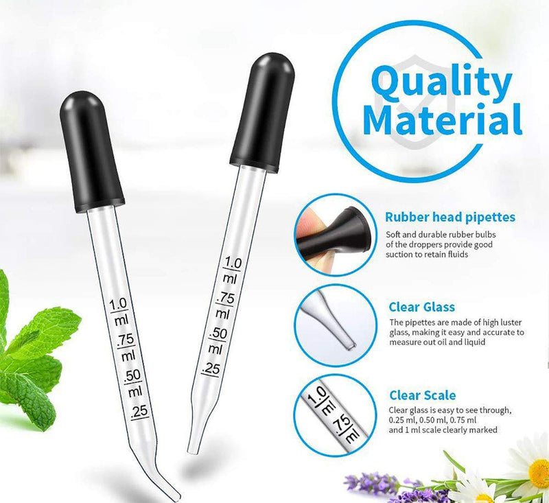 Eye Dropper for Essential Oils, Pipettes Dropper with Black Rubber Head, Calibrated Thick Glass Medicine Dropping Pipettes, 1ml Dropper Measurer, Dropper for Liquids, Straight-Tip, Bent-Tip, 5 Packs Straight Tip