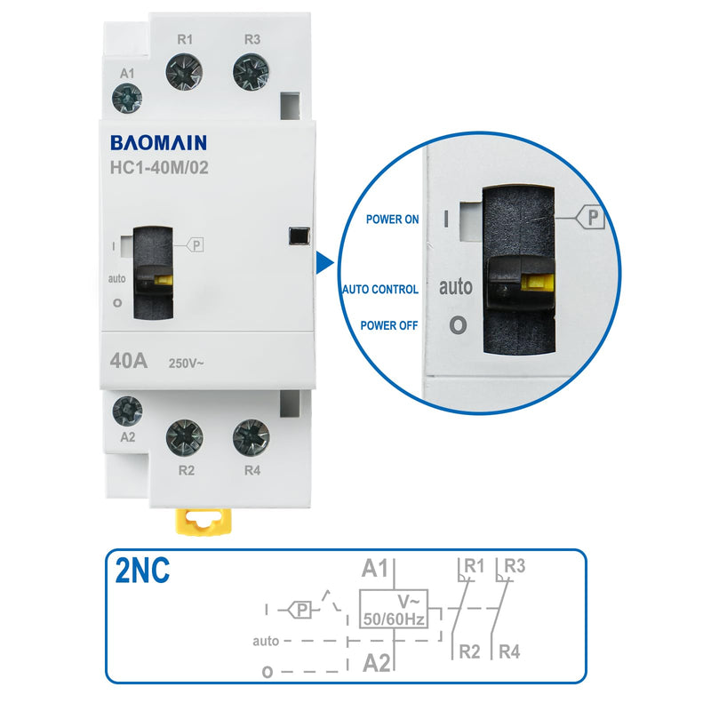 Baomain 110V AC 2-Pole Contactor, 40A 2NC Normally Closed, DIN Rail Mount - Manual & Automatic Switchable for HVAC, Motor, Pump, Lighting HC1-40M/02-110VAC 40 Amp. 110 VAC(Manual Control)