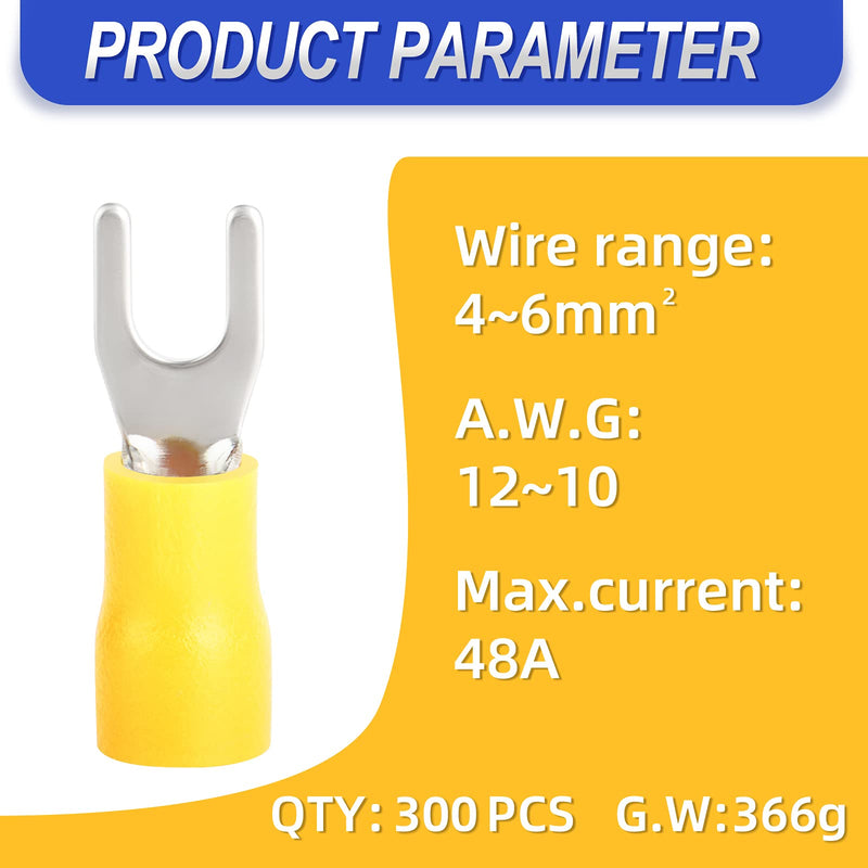 300 Pcs Yellow 12-10 AWG Insulated Fork Spade U-Type Wire Connector Electrical Crimp Terminal