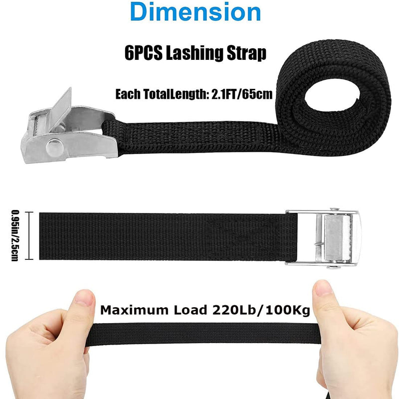 TuTuYa Lashing Straps, 6PK 2.1Ft x 0.98In (65x2.5cm) Tie Down Straps Black Heavy Duty Adjustable Retaining Short Straps Tensioning Belts with Buckle for Vans, Bicycle, Trailer, Luggage 2.1Ft Black 6PCS