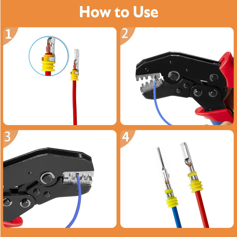 Wire Crimping Tool with Ratchet, Amliber Ratchet Wire Crimper Tool for Open Barrel Terminal Connectors, Electrical Crimping Tool for Molex Style Deutsch DELPHI AMP JST TYCO Terminals, 24-14 AWG