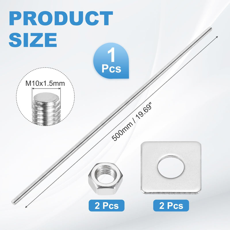 MECCANIXITY 1Set M10x500mm Fully Threaded Rod, 201 Stainless Steel Threaded Rods Bar Studs Right Hand Threads with Nut Square Washer for Structural Anchoring Fastening Screw 1
