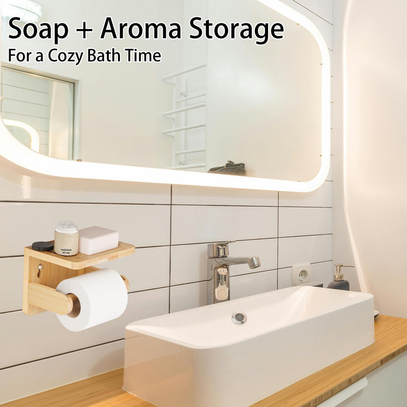 Drill-Free Toilet Paper Holder with Phone Shelf Bamboo Wall-Mounted, No-Drill & Drillable, Bathroom Storage Organizer, Space Saver Tissue Roll Rack for Bathroom, Kitchen, Home Decor (Natural) Natural