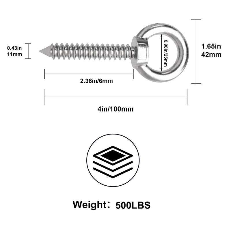 4 Inch Heavy Duty Screw Eyes Hooks ，4Pcs Self Tapping Eyelet Screw Eye Bolt，Load Capacity 500 Lbs，Wooden Large Screw Eye Hook ，for Hanging, Tie-Downs, Heavy-Duty Applications. 4in