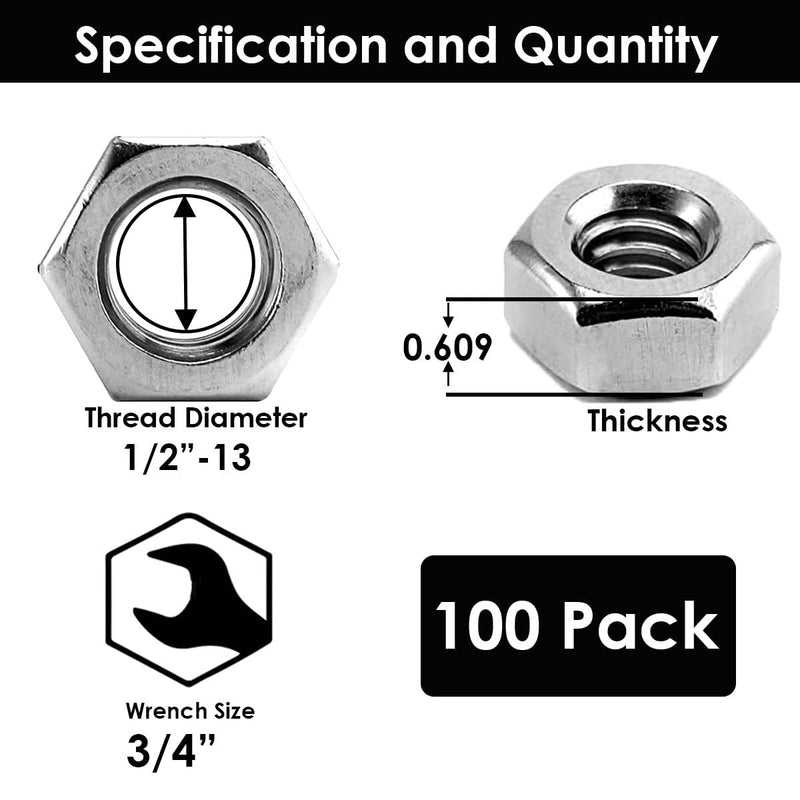 Bolt Dropper 1/2"-13 Nylon Insert Lock Nut (25 Pieces) Stainless Steel Finish Hex Lock Nuts, 304 (18-8) Plain Finish Corrosion Resistant Commercial Grade