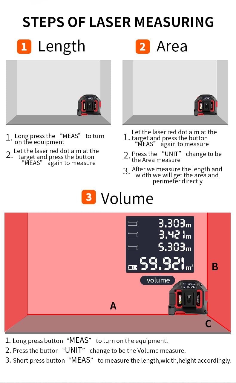 SPARKEY 2-in-1 Laser Tape Measure, 130Ft Laser Distance Measurement, Area/Volume & 16Ft Tape Measuring, Magnetic Hook, USB Rechargeable, Auto Lock, M/Ft/in/Ft+in, LCD Display. 0.5 m Laser Tape Measure 2 in 1