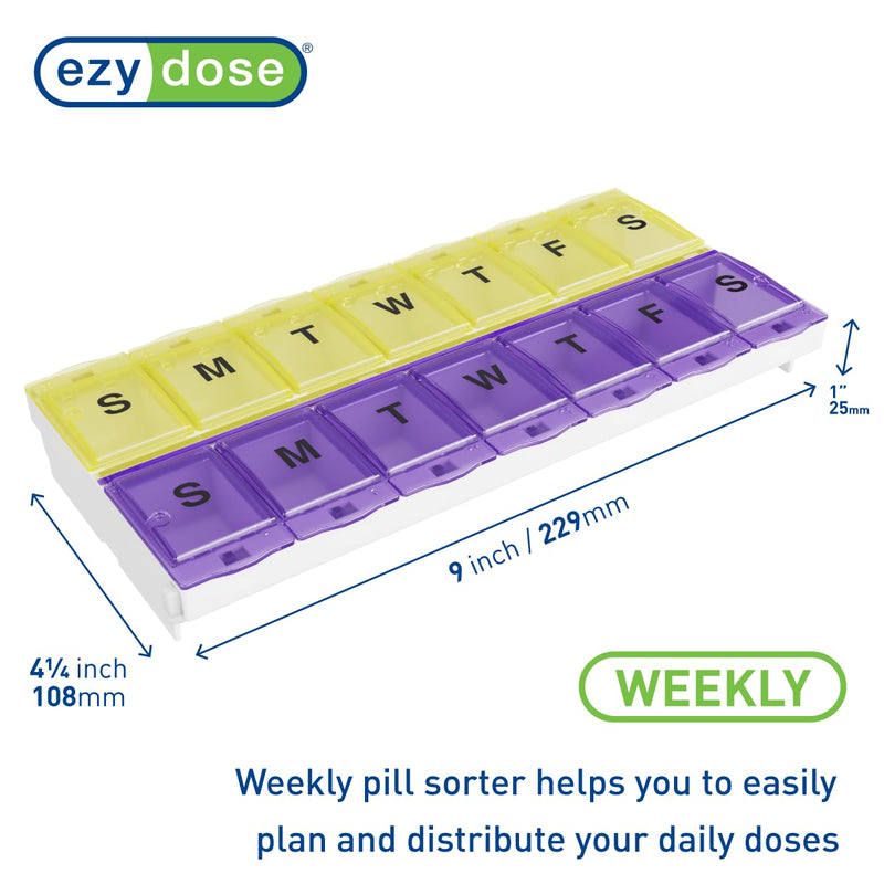 EZY DOSE Pill Organizer Weekly AM/PM (7-Day), Medicine Planner, Vitamin Case/Box, 2X-Large Locking Compartments to Secure Prescription and Prevent Accidental Spilling, Purple and Yellow, BPA Free