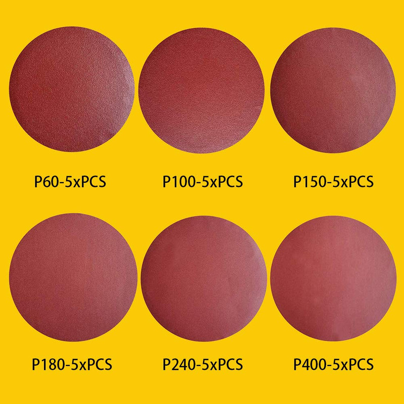30 PCS 8 Inch NO-Hole PSA Aluminum Oxide Sanding Disc, Self Stick(5 Each of 60 100 150 180 240 400 Grit)