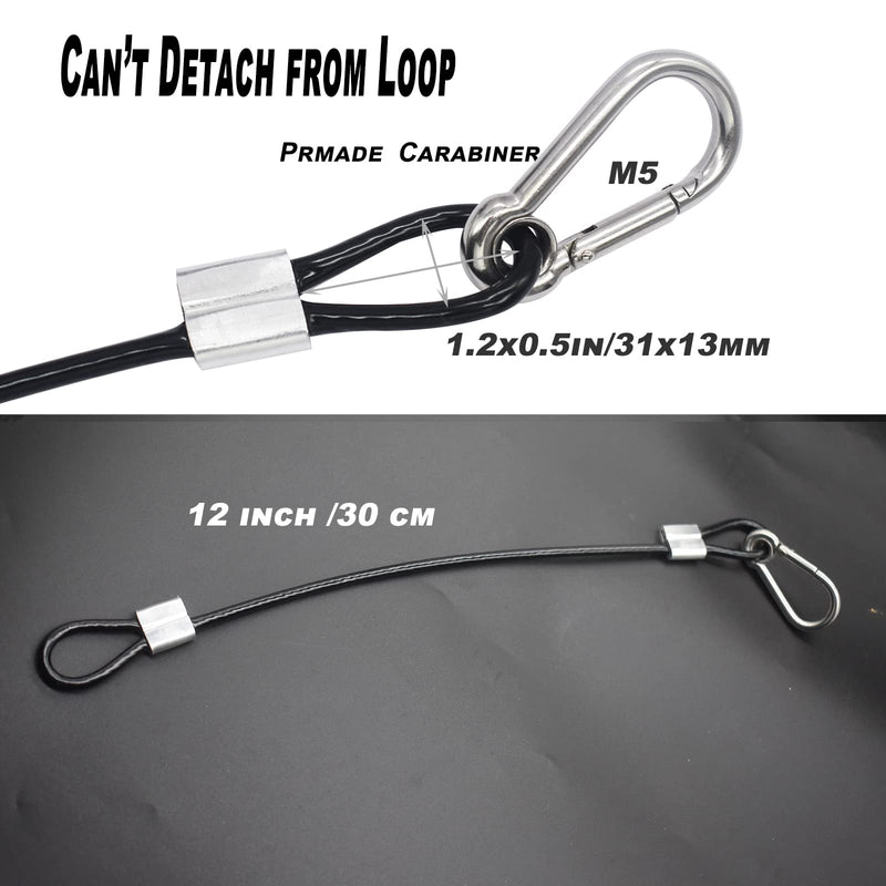 10 pcs 1FT (30cm) Vinyl Cover Coated Stainless Steel Wire Cable with Loops and Carabiner Hook Short Security Rope Lanyard Tether Lock, 4mm Thickness Black 12"/30cm 10pcs_Black