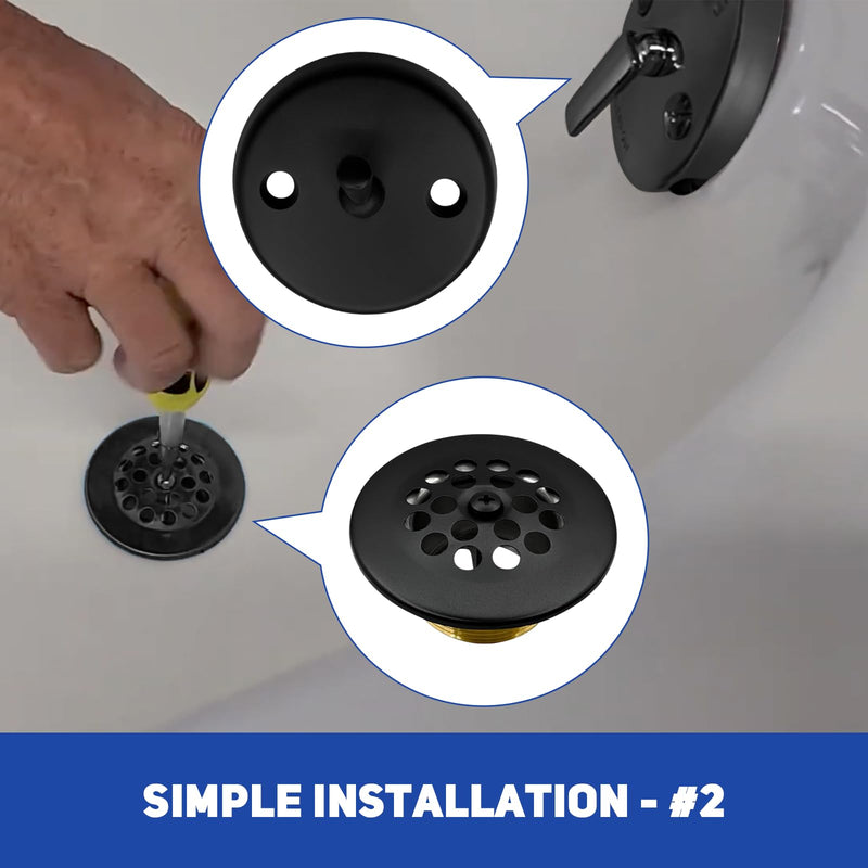 Tub Drain Linkage Assembly with Trip Lever, Bathtub Overflow Stopper Switch Hardware, Bathroom Trim Kit Cover Replacement (Two-Hole Faceplate + Strainer)