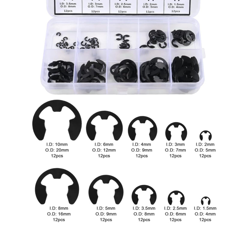 120pcs E-Clip Circlip External Retaining Clips Assortment Set Hardened Steel Circlip Kit Anti Walk Washers 1.5/2 /3/4/5/6/7/8/9/10mm
