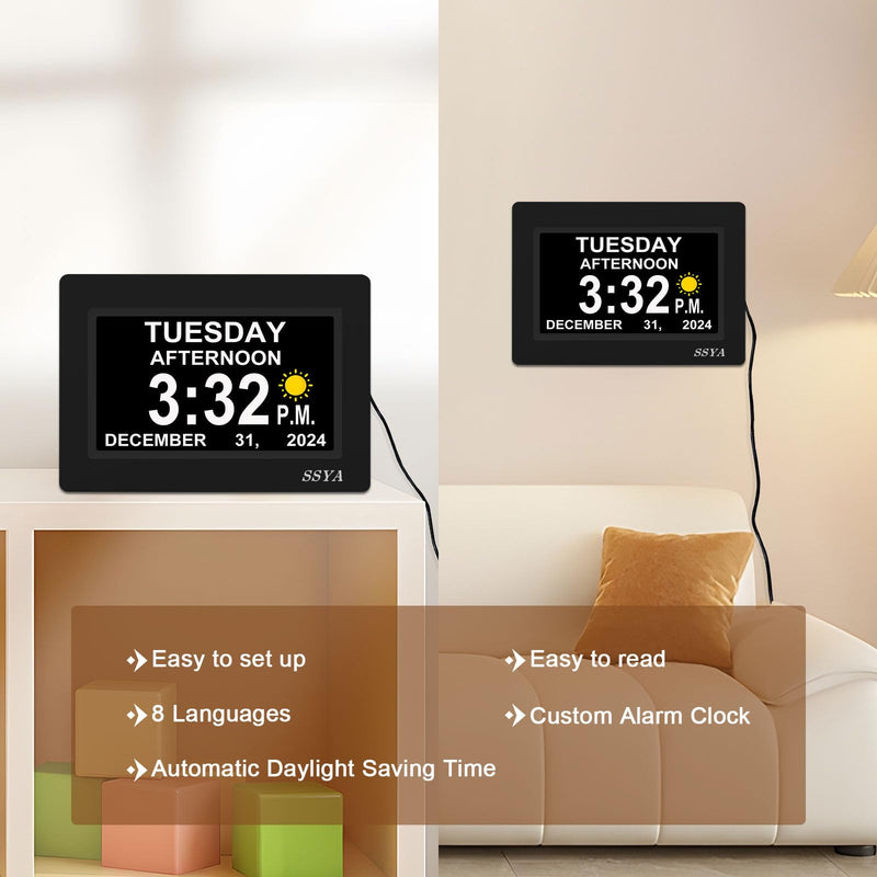 SSYA 7 Inch Calendar Clock - 12 Alarm Options, Level 5 Auto Dimmable Display,Extra Large Impaired Vision Digital Clock with Non-Abbreviated Day & Month (Black) 7" Black