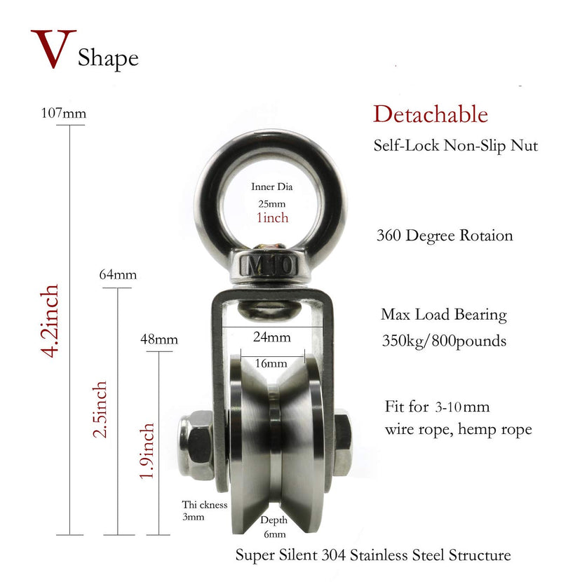 Heyous 1-Pack V Type Swivel Pulley 304 Stainless Steel Duplex Bearing Super-Silent Detachable 360 Degree Rotation Heavy Duty Traction Wheel V Type Slot