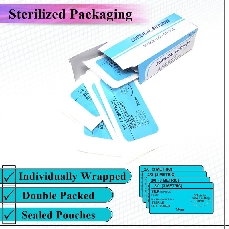 HTI Training Suture Thread 2-0 Silk Sterile with Needle Box of 12 Pcs for Nursing Student Training Kit RN, EMT, Vet Demo