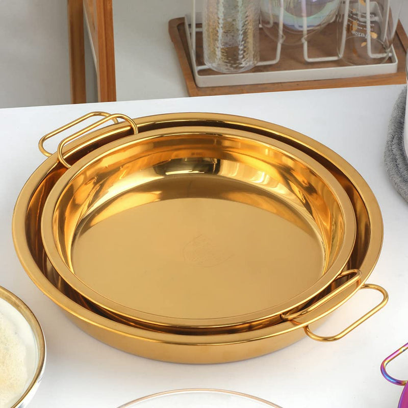 Stainless Steel 2pcs Steaming Tray Set, With plate tongs , oil brush tool，Folding handle，Chinese Liangpi Making Tools Set, For Cold Noodle，Steamed Rice，Steamer Pan Round Cake Fruit Tray (Gold) Gold