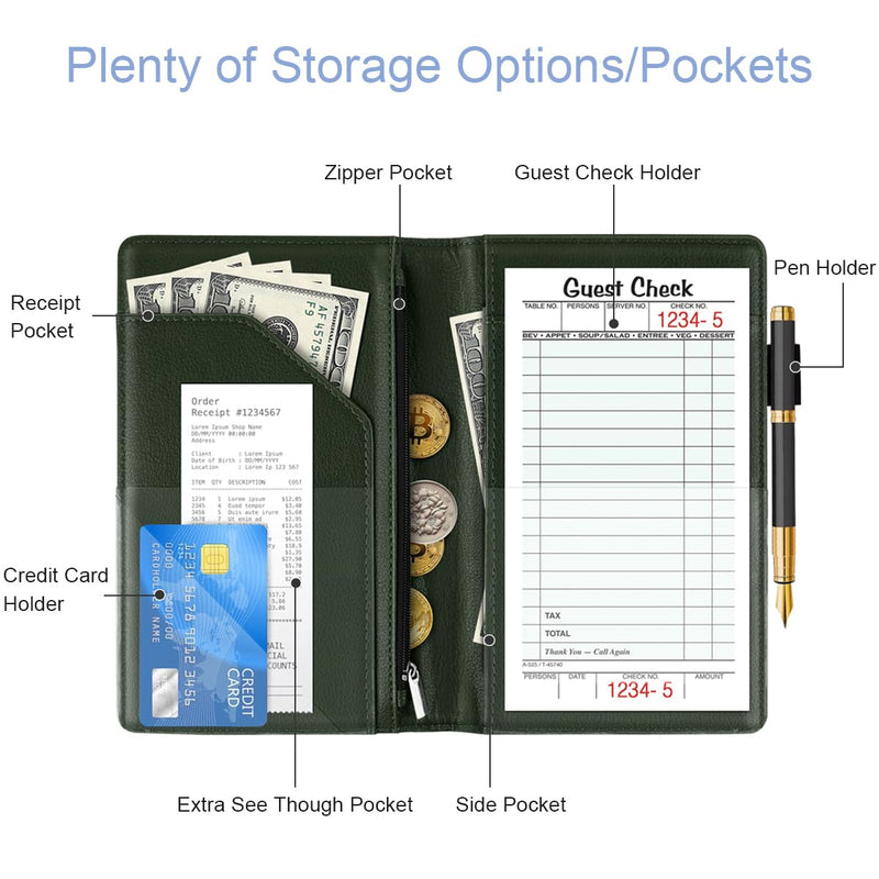 WAVEYU Cute Server Books for Waitress Waiter, Leather Guest Book Note Pad with Zipper, Money Organizer Wallet, Cash Check Bill Receipt Holder Presenter, 8x5 inch, Green Flower