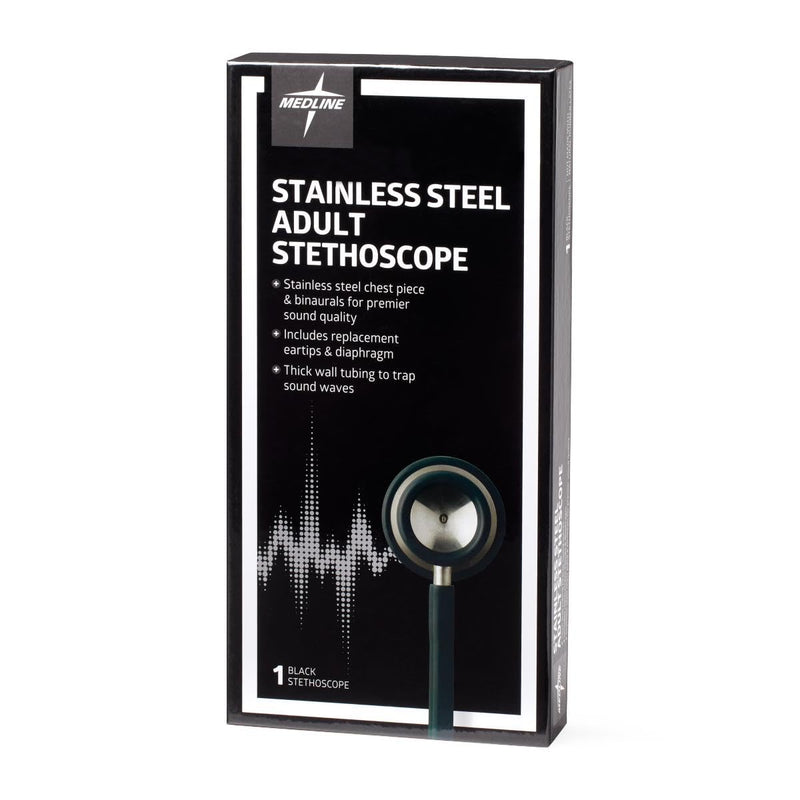 Medline Elite Adult Stainless Steel Stethoscope, Black, High Acoustic Sensitivity