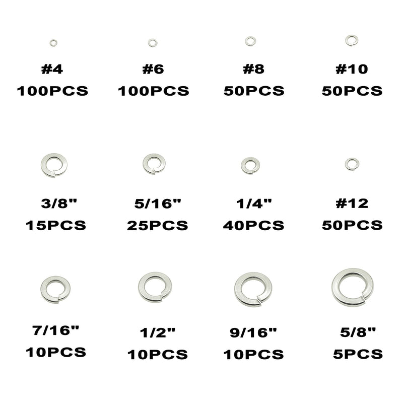 #4 to 5/8 Stainless Steel Split Lock Washers Assortment Kit,for #4#6#8#10#12 1/4" 5/16" 3/8" 7/16" 1/2" 9/16" 5/8" Screws/Bolts