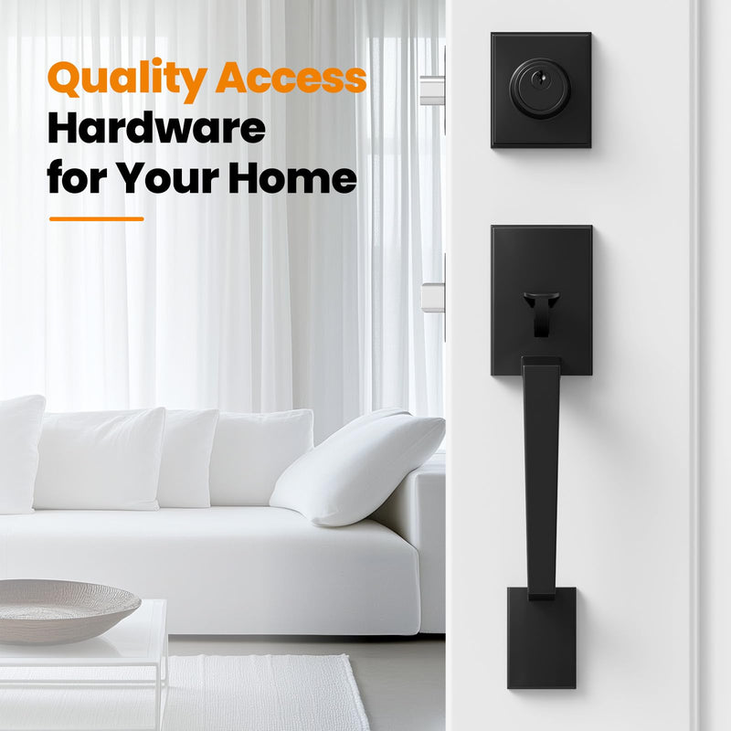 HOSOM Front Door Lock Set Black Front Door Handle with Deadbolt and Lever Set Exterior Door Handle Set with Single Cylinder Deadbolt Entry Door Locksets for Right&Left Handed, Matte Black Modern