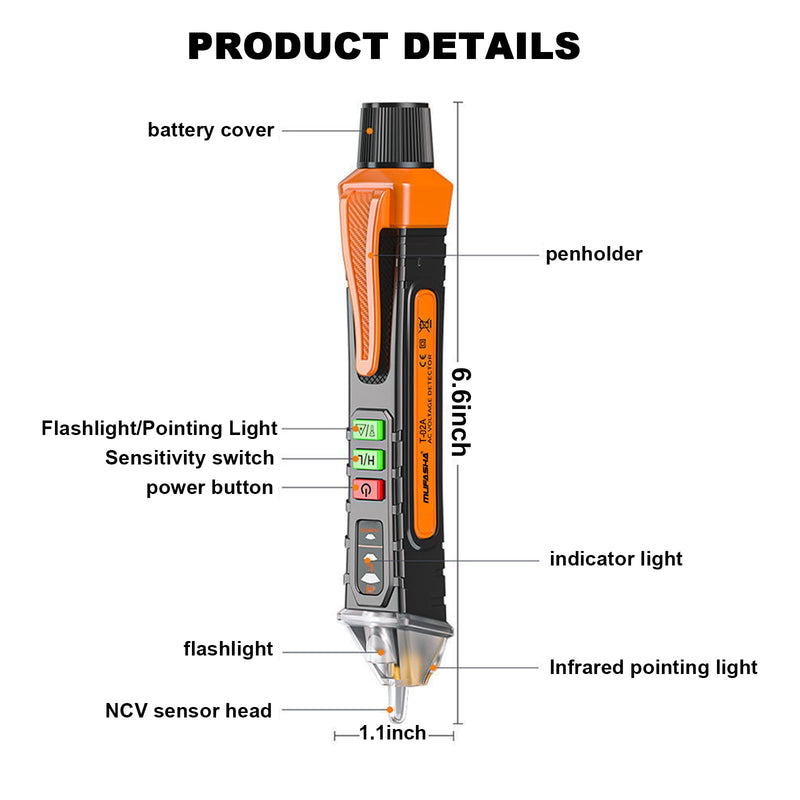 MUFASHA Non-Contact Voltage Tester with LED Flashlight, Buzzer Alarm, AC Voltage Detector Pen,Test Range 12V - 1000V & Live/Null Wire Judgment