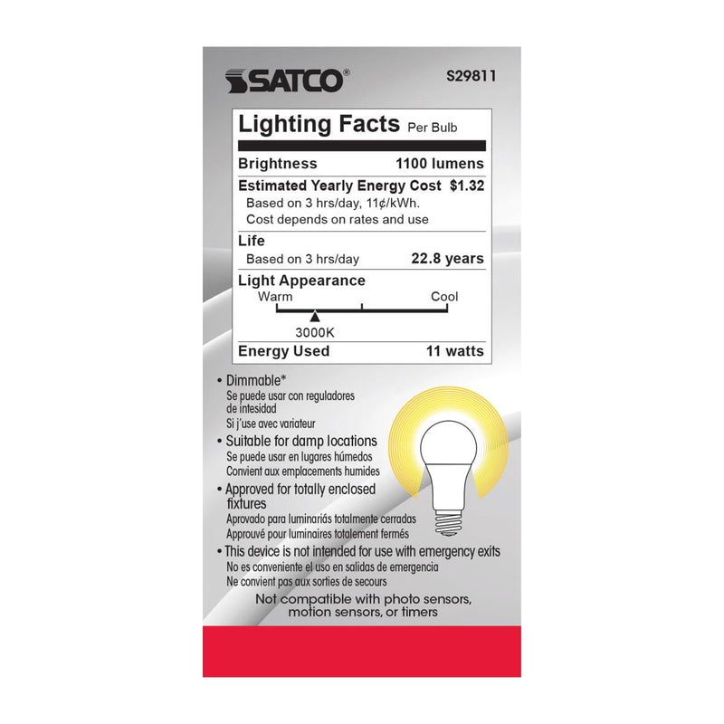 Satco S29811 11 Watt A19 LED Dimmable Frosted Light Bulbs - 3000K Soft White - E26 Medium Base - 1100 Lumens - 220 Degree Beam Angle - 120 Volts - Damp Location (6 Pack)