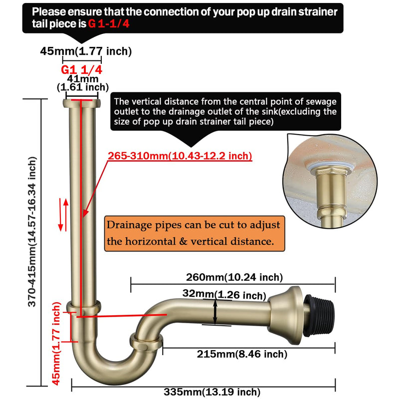 RANDOM Brass P Trap Bathroom Sink U-Shape 1-1/4 inch Sink Trap with Slip Joint Extension Tube,Adjustable Height Sink Waste Drain Bottle P-Trap Kit,Brushed Gold Basin Sink Plumbing.RD83555BG-L Brushed Gold