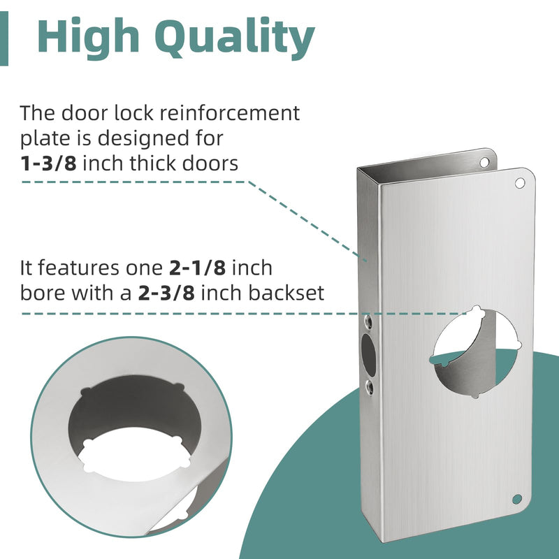 Door Lock Reinforcement Plate U 9585 Stainless Steel for 1-3/8 in Thick Doors, Use to Reinforce and Repair Both Metal, Fiberglass & Wood Doors - 2 Pack