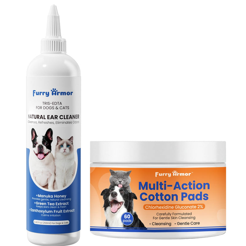 Pet Care Bundle – Itch Relief Ear Cleaner (8.45 oz) with Manuka Honey & Green Tea + 2% Chlorhexidine Skin Cleaning Pads (60 Wipes) – Non-Stinging Ear Wash & Non-Drying Grooming Wipes for D