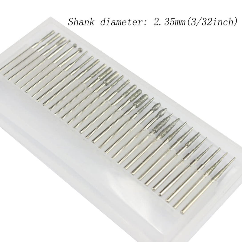 𝐋𝐮𝐨 𝐤𝐞 30 Pcs Diamond Burr Set, 3/32'' Shank Diamond Mounted Stone Carving Bits fits for Dremel Rotary Tools 3/32 in shank Silver