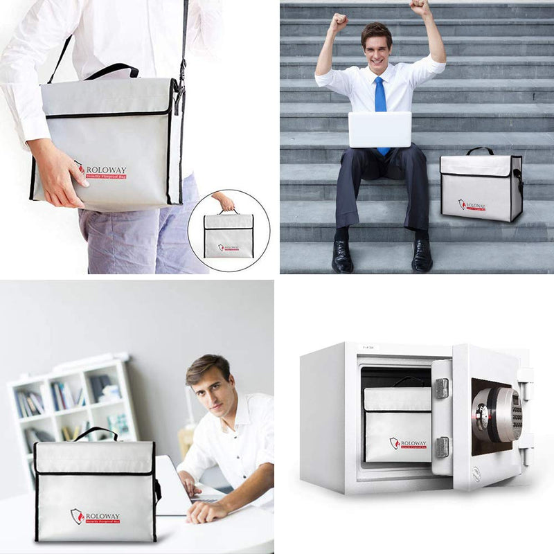 ROLOWAY Fireproof Document & Money Bags, Large Fireproof & Water Resistant Bag (15 x 12 x 5 inches), Fireproof Folder Safe Bag for Cash, Valuables & Passport, with Silicone Coating & Zipper Closure Large + Small Silver without Reflective Strip