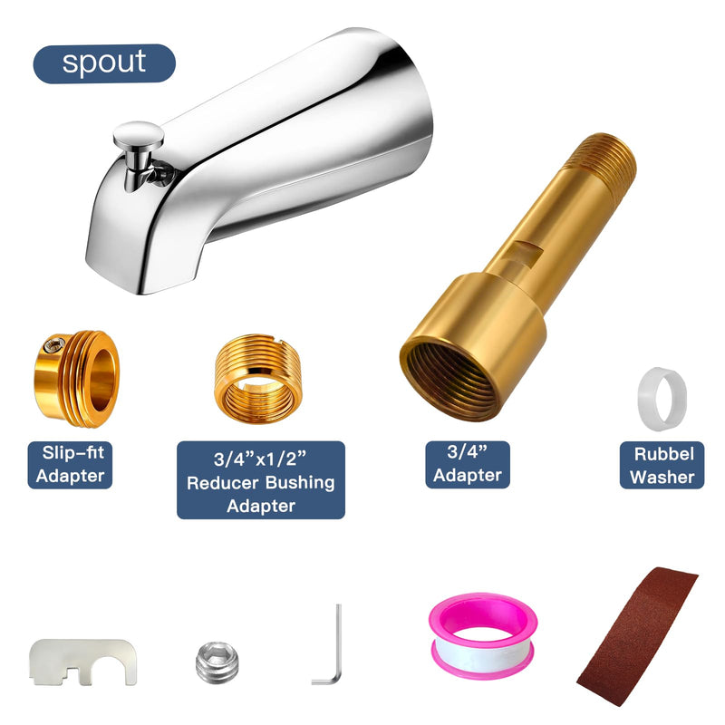 Metal Chromel Bathtub Spout with Diverter, All Metal,5.3 Inch Tub Spout, Fits 1/2" Copper Slip-On and 1/2" or 3/4" IPS Threaded Pipes, Leak-Free, Slip Fit Tub Spout with Pull-Up Diverter