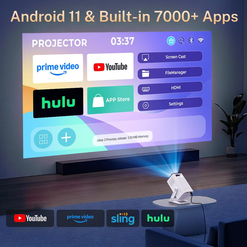Mini Projector with WiFi 6 and Bluetooth 5.4 Built-in Apps Portable Projector Android 11 Auto Keystone 1080P 4K Support for Bedroom Outdoor Compatible with iOS/HDMI/TV Stick VisualCube 300 VisualCube 300 White