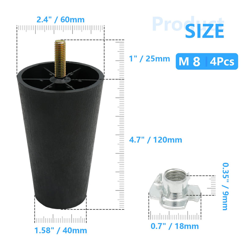 Murtenze 4Pcs 5 inch Sofa Legs, Round Tapered Plastic Couch Legs Replacement Furniture Legs with M8 Hanger Bolts for Chair Sofa Dresser Cabinet Loveseats Ottoman Bed 5Inch Round