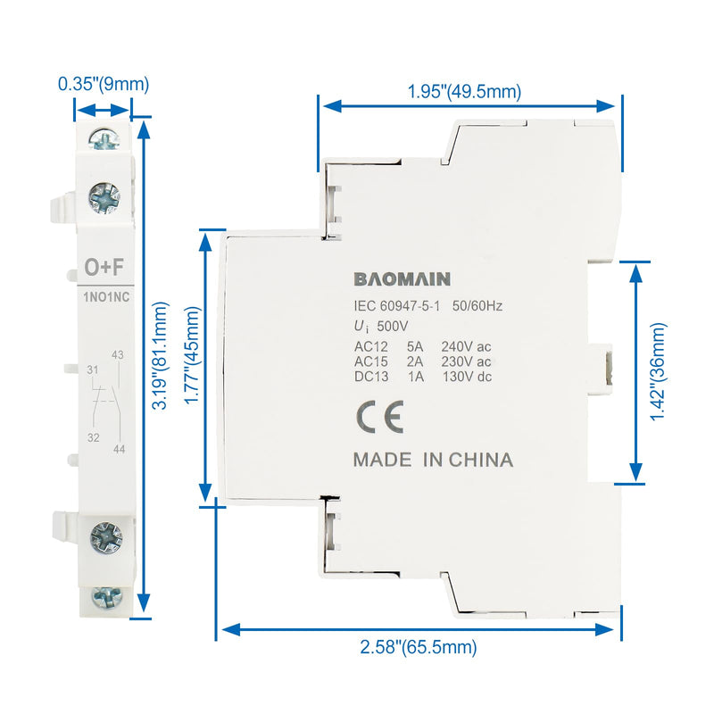 Baomain Auxiliary Contact for AC Contactors 1NO+1NC 500V 50/60Hz Side Mounted Pack of 2 (1NO+1NC)